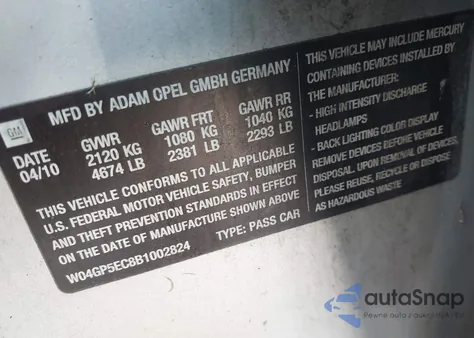 2011 Buick Regal Cxl Russelsheim from USA, damaged, VIN W04GP5EC8B1002824